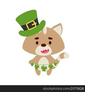 Cute cat in St. Patrick&rsquo;s Day leprechaun hat holds shamrocks. Irish holiday folklore theme. Cartoon design for cards, decor, shirt, invitation. Vector stock illustration.