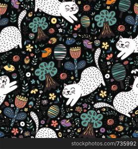 Cute cat in the forest seamless pattern. Funny summer background. Vector illustration
