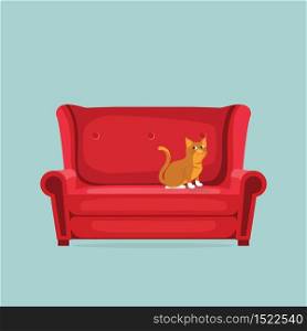 Cute cat is sitting on the red sofa isolated on blue background illustration vector.