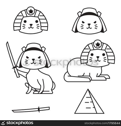 Cute Cat Japan Egypt Outline Monoline Line Doodle Style Illustration
