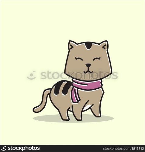 Cute Cat Kitten Scarf Standing Smiling Cartoon
