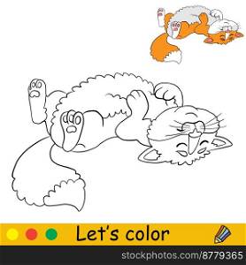 Cute cat lying on his back. Coloring book page with color template for children. Vector cartoon illustration isolated on white background. For coloring book, education, print, game.. Cute cat lying on his back coloring with template