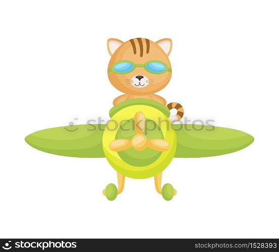 Cute cat pilot wearing aviator goggles flying an airplane. Graphic element for childrens book, album, scrapbook, postcard, mobile game. Flat vector stock illustration isolated on white background.
