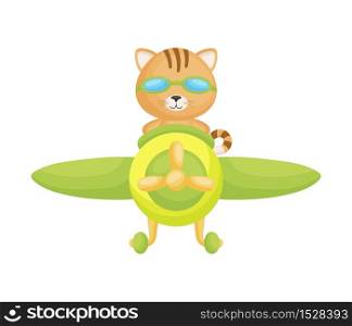 Cute cat pilot wearing aviator goggles flying an airplane. Graphic element for childrens book, album, scrapbook, postcard, mobile game. Flat vector stock illustration isolated on white background.