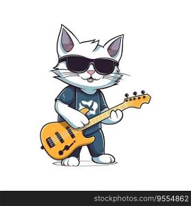 Cute cat playing guitar mascot cartoon character. Vector illustration design.