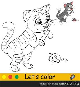 Cute cat playing with a mouse toy. Coloring book page with color template for children. Vector cartoon illustration isolated on white background. For coloring book, education, print, game.. Cute cat playing with a mouse toy coloring with template