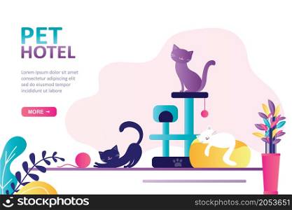 Cute cat playing with clew. Cartoon kitten sitting on scratching post. Concept of pet hotel, domestic animal and business. Landing page template. Website in trendy style. Flat vector illustration. Cute cat playing with clew. Cartoon kitten sitting on scratching post. Concept of pet hotel, domestic animal and business