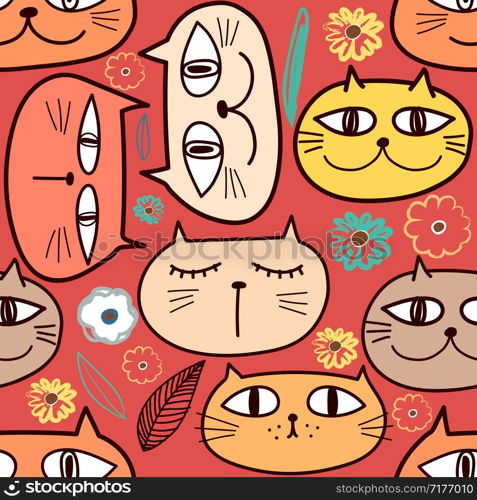 Cute cat seamless pattern background. Vector illustration for fabric and gift wrap design.