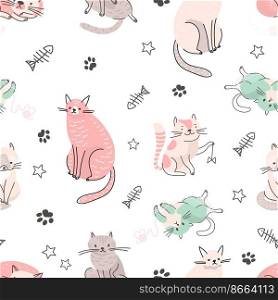 Cute cat seamless pattern. Doodle cats, home pets scandinavian style. Kitten sit and play, animal childish vector print. Illustration of kitten pattern wallpaper. Cute cat seamless pattern. Doodle cats, home pets scandinavian style. Kitten sit and play, animal childish vector print
