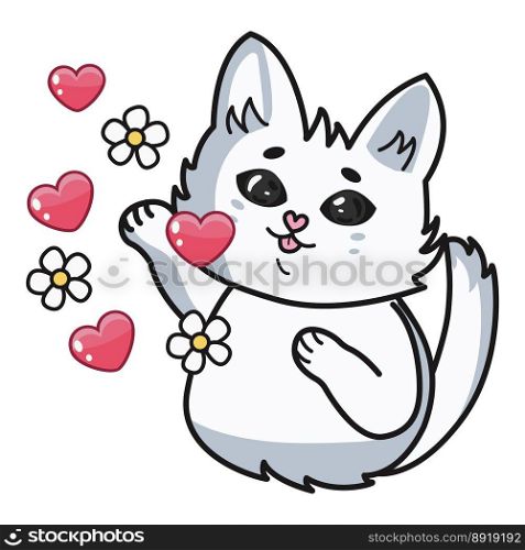 Cute cat shows his hand at hearts and flowers. Vector illustration for baby shower, greeting card, invitation to a party, fashionable clothes with a T-shirt print. Cute cat shows his hand at hearts and flowers. Vector illustration for baby shower, greeting card, invitation to a party, fashionable clothes with a T-shirt print.