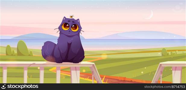 Cute cat sit on wooden terrace fence on rural landscape. Vector cartoon illustration of summer agricultural fields, country road and black funny furry kitten on railing veranda, evening background. Cute cat sit on terrace railing on rural landscape