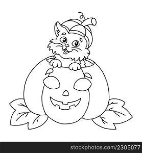 Cute cat sits in a pumpkin. Halloween theme. Coloring book page for kids. Cartoon style. Vector illustration isolated on white background.