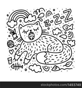 Cute cat sleep with snoring. Sweet Dreams arond it. Doodle vector illustration for print coloring page, book, poster, shirt, tee, kids menu, child cloth. Cute cat sleep with snoring. Sweet Dreams arond it. Doodle vector illustration for print