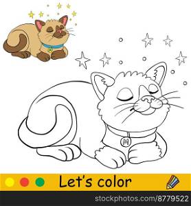 Cute cat sleeping with a stars. Coloring book page with color template for children. Vector cartoon illustration isolated on white background. For coloring book, education, print, game.. Cute cat sleeping with a stars coloring with template