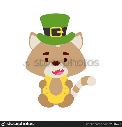 Cute cat St. Patrick&rsquo;s Day leprechaun hat holds horseshoe. Irish holiday folklore theme. Cartoon design for cards, decor, shirt, invitation. Vector stock illustration.