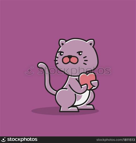 Cute Cat Standing Holding Heart Love Cartoon