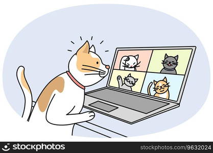 Cute cat talk on video call with cats on computer. Pet have webcam conversation on laptop with kittens. Technology concept. Vector illustration.. Cat talk on video call with pets