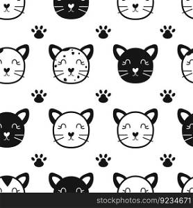 Cute cat vector seamless pattern, simple doodle kitty face background wallpaper, flat fabric print, domestic pet animal. Outline silhouette.