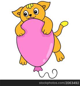 cute cat with a happy face hugging a balloon flying