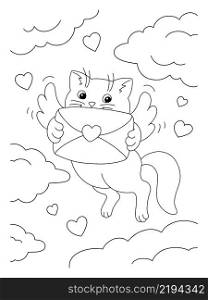 Cute cat with a love letter. Coloring book page for kids. Cartoon style character. Vector illustration isolated on white background. Valentine&rsquo;s Day.