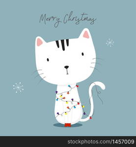 Cute Cat with christmas lights. Happy holidays greeting card.