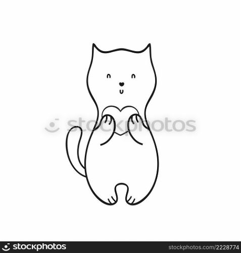 Cute cat with  heart in his hands. Vector element in Doodle  for Valentine’s day, birthday, holiday. Kitten on a greeting card. Cartoon minimalistic illustration. Coloring book for children, toddlers
