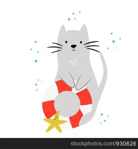 Cute cat with swimming ring and sea star. Isolated scandinavian cartoon. Summer time concept. Suitable for prints, childish t-shirts, books, textile. Cute cat with swimming ring and sea star.
