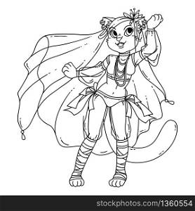 Cute cat woman belly dancer. Vector illustration isolated on white background. Illustration for coloring books.