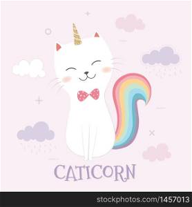 Cute Caticorn and rainbow on a pink sky background