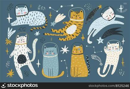 Cute cats astronauts traveling in outer space. Animal cosmonaut adventure in cosmos. Flat vector illustration of funny feline in universe.. Cute cats astronauts traveling in outer space. Animal cosmonaut adventure in cosmos. Flat vector illustration of funny feline in universe
