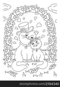 Cute cats couple in love. Coloring book page for kids. Cartoon style character. Vector illustration isolated on white background. Valentine&rsquo;s Day.
