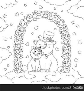 Cute cats couple in love. Coloring book page for kids. Cartoon style character. Vector illustration isolated on white background. Valentine&rsquo;s Day.