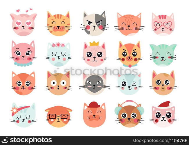 Cute cats faces. Cat heads emoticons, kitten face expressions. Happy