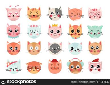 Cute cats faces. Cat heads emoticons, kitten face expressions. Happy smiling, sad, angry and wink cat vector illustration. Animal cartoon characters laughing and crying. Hand drawn emoji feelings. Cute cats faces. Cat heads emoticons, kitten face expressions. Happy smiling, sad, angry and wink cat vector illustration. Animal feelings and emotions set. Cartoon characters emoji