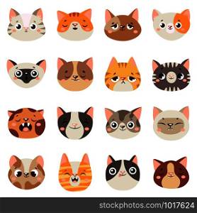 Cute cats faces. Happy animals, funny kitten smiling mouth and crying sad cat. Animal character pets face portrait, various cat breeds cartoon vector isolated icons illustration set. Cute cats faces. Happy animals, funny kitten smiling mouth and crying sad cat. Animal character face cartoon vector illustration set