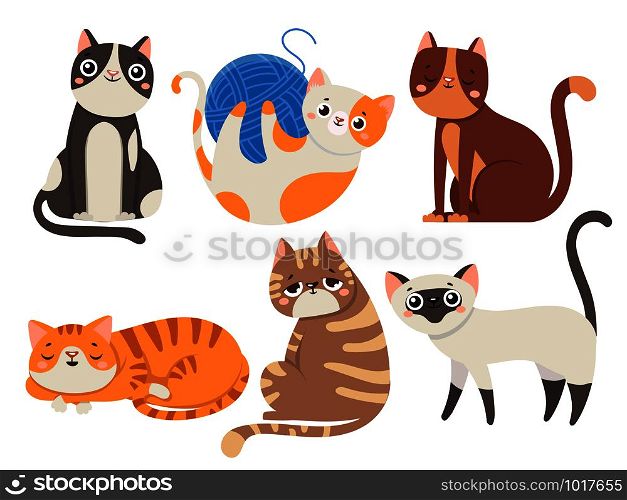Cute cats. Fluffy cat, sitting kitten character or domestic animals. Happy funny playful and sleep kitty cats emotion. Cartoon feline isolated icons vector illustration collection. Cute cats. Fluffy cat, sitting kitten character or domestic animals isolated vector illustration collection
