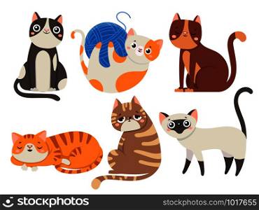 Cute cats. Fluffy cat, sitting kitten character or domestic animals. Happy funny playful and sleep kitty cats emotion. Cartoon feline isolated icons vector illustration collection. Cute cats. Fluffy cat, sitting kitten character or domestic animals isolated vector illustration collection