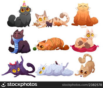 Cute cats, fluffy pets in different poses. Vector cartoon set of funny kittens characters licking itself, entangled in yarn, hunting beetle, lying on pillow, in party hat, yawn and mother with kitties. Cute cats, fluffy pets in different poses