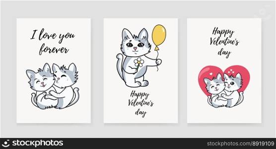 Cute cats full of love. A set of rectangular gift tags, postcards, postcards. Beautiful, funny, amazing Valentine’s Day. Vector illustration.. Cute cats full of love. A set of rectangular gift tags, postcards, postcards. Beautiful, funny, amazing Valentine’s Day. Vector illustration