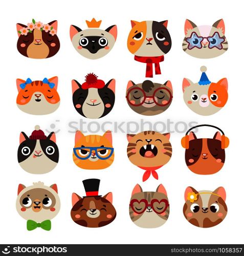 Cute cats heads. Cat muzzle, domestic kitty face wearing hat, scarf and color party glasses or child kitten. Animal breeds portrait character pet doodle isolated cartoon vector icons set. Cute cats heads. Cat muzzle, domestic kitty face wearing hat, scarf and color party glasses isolated cartoon vector set