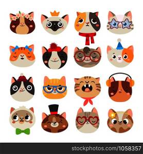 Cute cats heads. Cat muzzle, domestic kitty face wearing hat, scarf and color party glasses or child kitten. Animal breeds portrait character pet doodle isolated cartoon vector icons set. Cute cats heads. Cat muzzle, domestic kitty face wearing hat, scarf and color party glasses isolated cartoon vector set