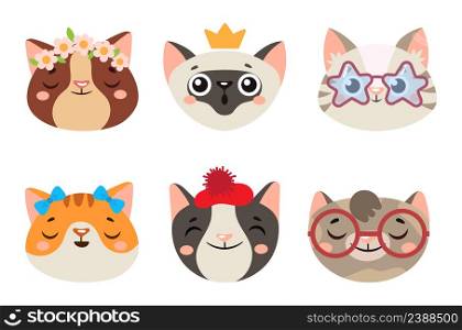 Cute cats heads with glasses and crown. Vector cat head with glasses, face kitty princess isolated, animal cute illustration. Cute cats heads with glasses and crown