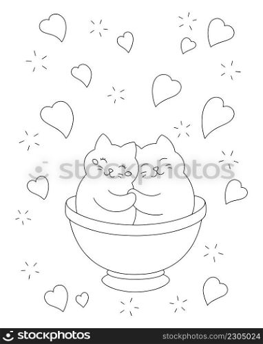 Cute cats in a cup. Coloring book page for kids. Valentine’s Day. Cartoon style character. Vector illustration isolated on white background.