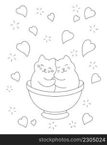 Cute cats in a cup. Coloring book page for kids. Valentine’s Day. Cartoon style character. Vector illustration isolated on white background.
