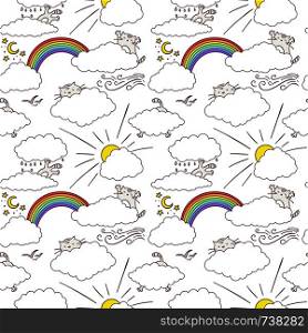 Cute cats in the sky happy childish seamless pattern design. Texture for wallpapers, fabric, wrap, web page backgrounds, vector illustration