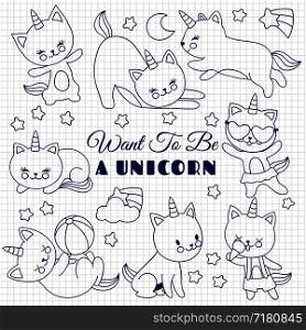 Cute cats like unicorn vector set. Cartoon kittens on school notebook page. Illustration of unicorn cat drawing, funny animal smile. Cute cats like unicorn vector set. Cartoon kittens on school notebook page