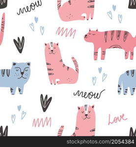 Cute cats pattern - hand drawn childish kitten seamless pattern design Digital paper. Cute cat pattern - hand drawn childish kitten seamless pattern design