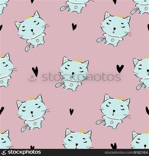 Cute Cats Seamless Pattern, Cartoon Animals Background, Vector Illustration. Cute Cats Seamless Pattern, Cartoon Animals Background, Vector Illustration,