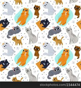 Cute cats seamless pattern. Different breeds kitties. Funny pets and paw prints. Various poses. Kitten sitting in box or lying on pillow. Spotted or striped fluffy animals. Vector repeat background. Cute cats seamless pattern. Different breeds kitties. Funny pets and paw prints. Various poses. Kitten sitting in box or lying on pillow. Spotted or striped animals. Vector background
