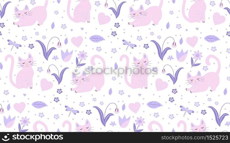 Cute cats seamless pattern. Kittens endless background, repeating texture. Vector illustration.. Cute cats seamless pattern. Kittens endless background, repeating texture. Vector illustration
